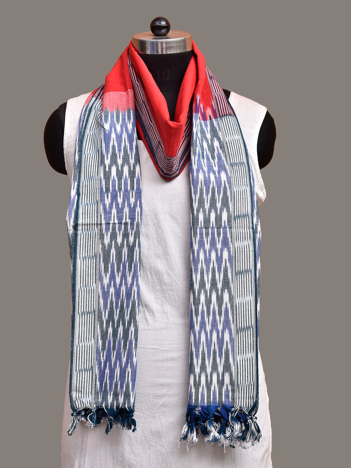 Red and Teal Pochampally Ikat Cotton Handloom Dupatta with Grill Pallu Design ds3940