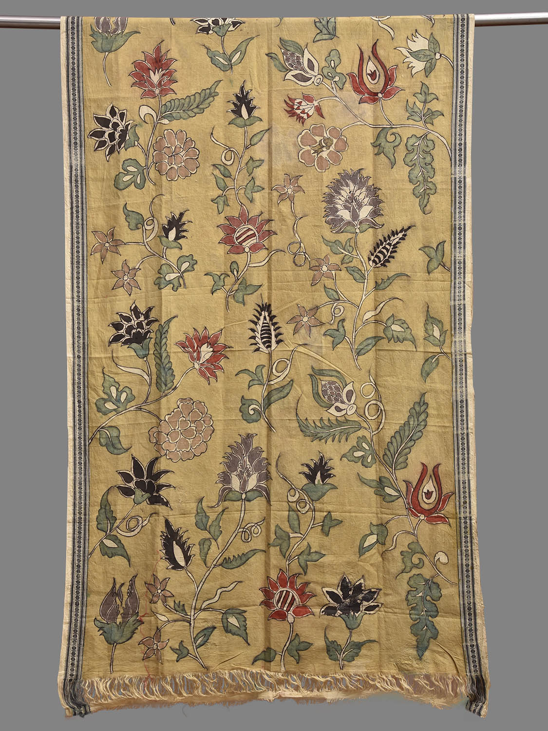 Light Olive Kalamkari Hand Painted Cotton Handloom Dupatta with Floral and Doby Border Design ds3941