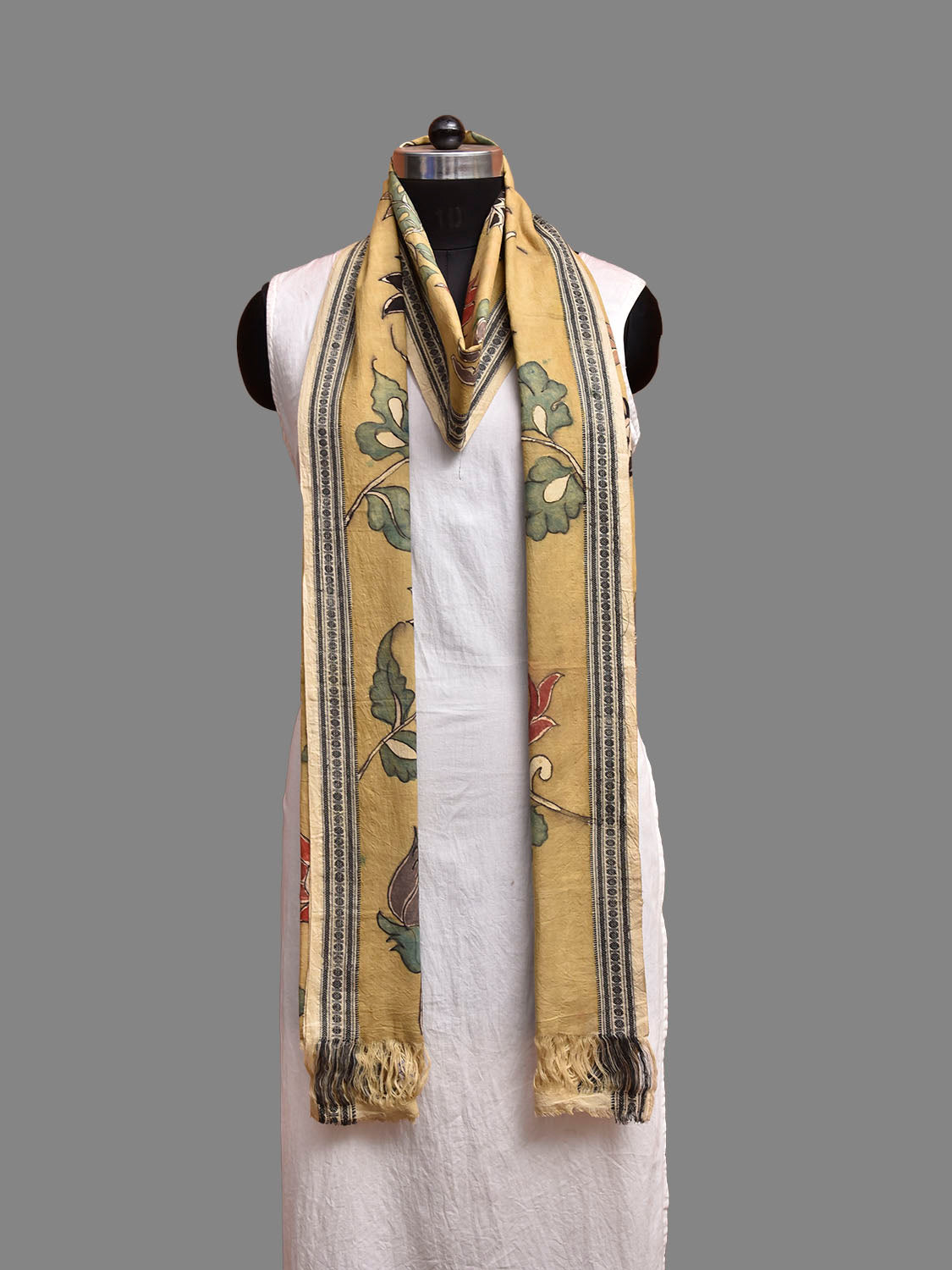 Light Olive Kalamkari Hand Painted Cotton Handloom Dupatta with Floral and Doby Border Design ds3941