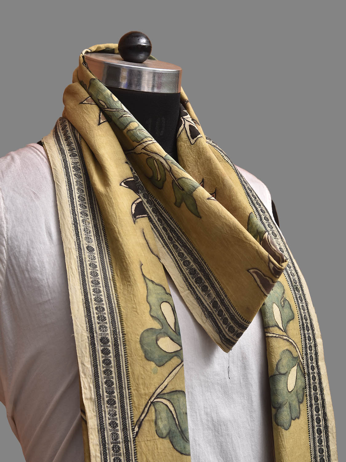 Light Olive Kalamkari Hand Painted Cotton Handloom Dupatta with Floral and Doby Border Design ds3941