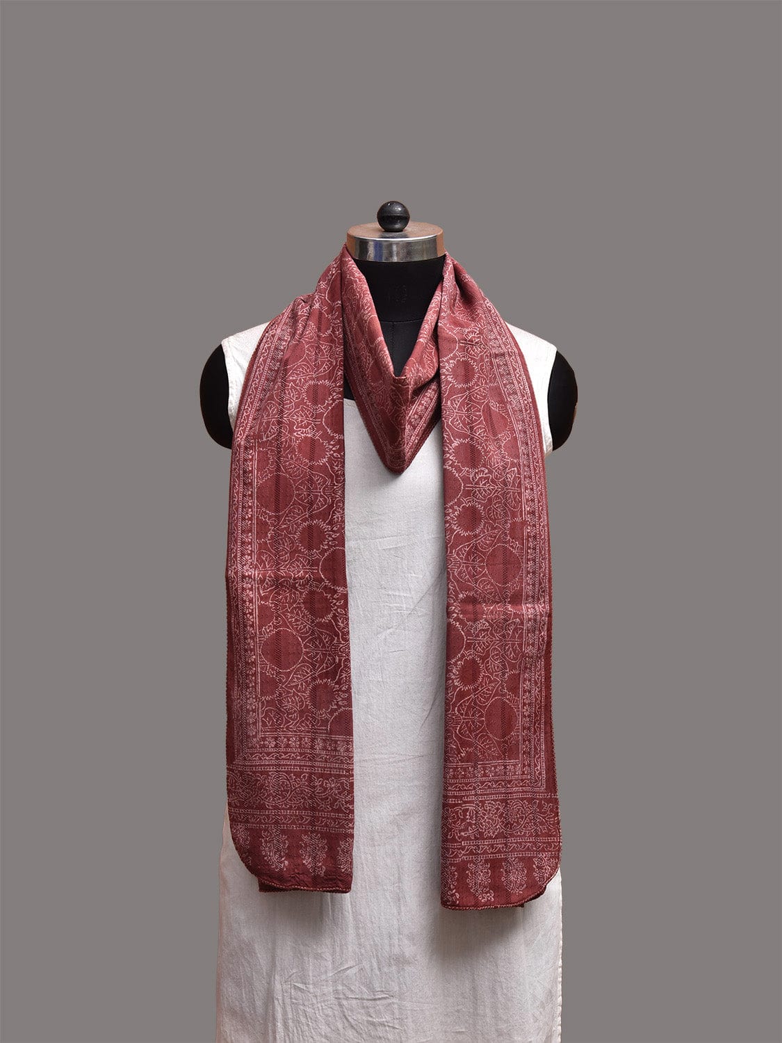 Dull Red Kalamkari Block Print Cotton Dupatta with Floral Design ds3765