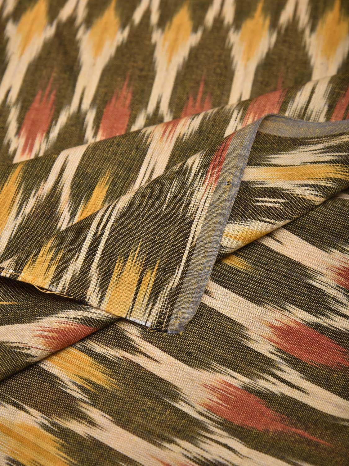 Olive and Cream Pochampally Ikat Cotton 3mts Fabric with Grill Design f0300