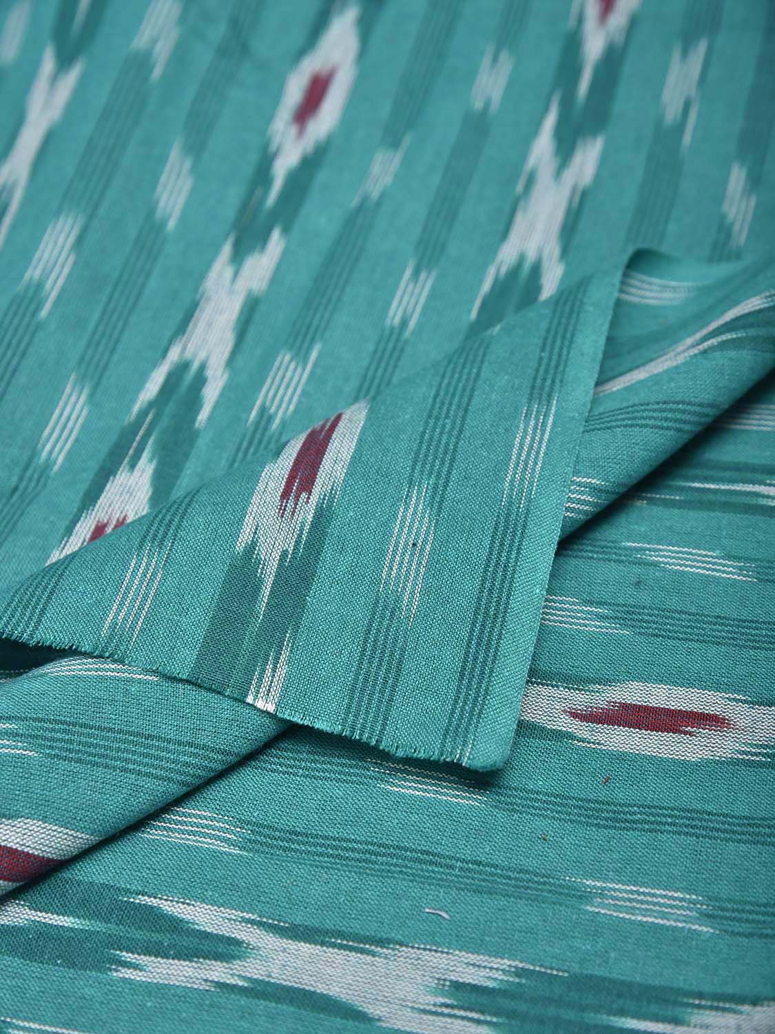 Turquoise and Red Pochampally Ikat Cotton 3mts Fabric with Strips Design f0304