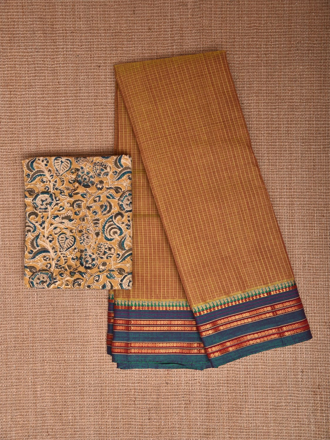 Fawn and Green Narayanpet Cotton Handloom Saree with Checks Design Kalamkari Blouse np1118