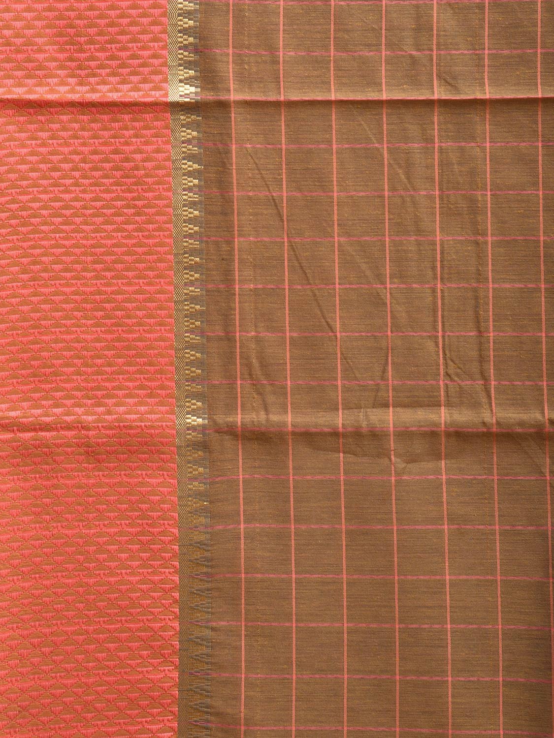 Fawn and Peach Bamboo Cotton Saree with Checks Design No Blouse bc0675