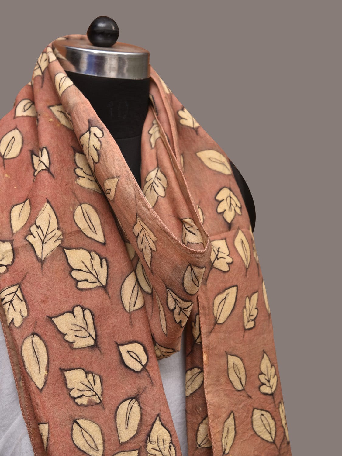 Fawn Kalamkari Hand Painted Sico Stole with Leaves Design ds3433