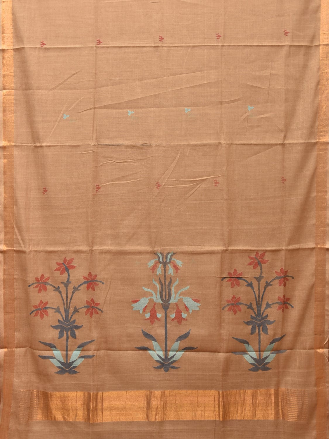 Fawn Khadi Cotton Handloom Saree with Plants Pallu Design kh0641