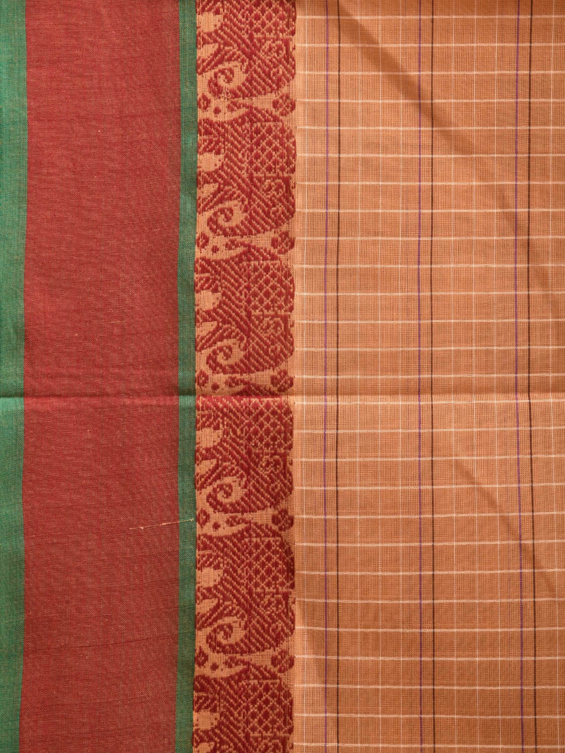 Fawn Narayanpet Cotton Handloom Saree with Checks and Elephant Border Design No Blouse np0946