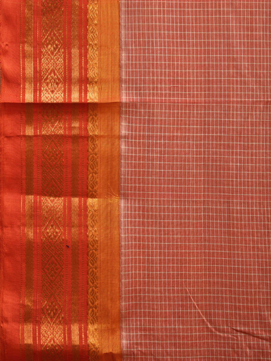 Light Orange and Red Gadwal Cotton Handloom Saree with Checks Design No Blouse g0388