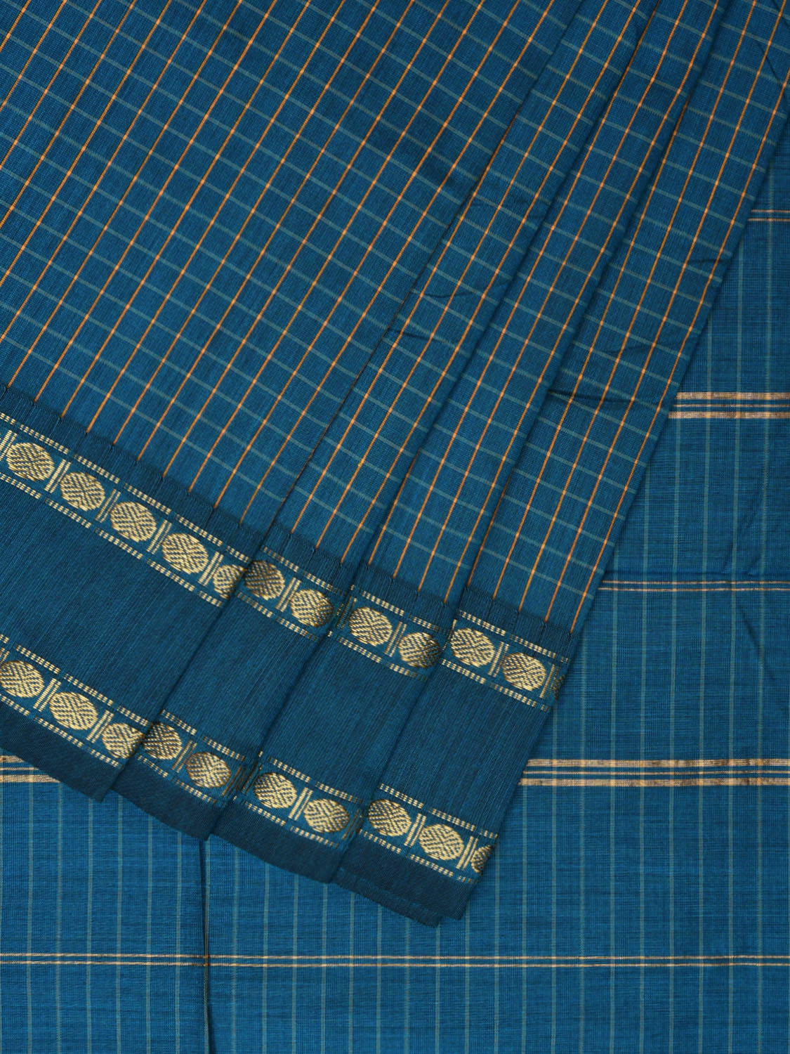 Teal Gadwal Cotton Saree with Checks and Rudraksha Border Design No Blouse g0408