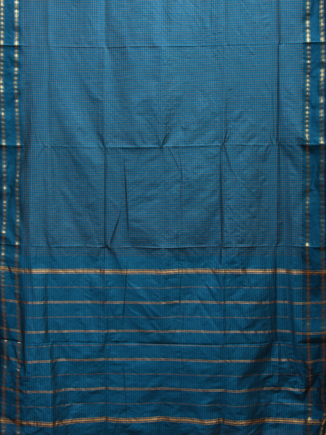 Teal Gadwal Cotton Saree with Checks and Rudraksha Border Design No Blouse g0408