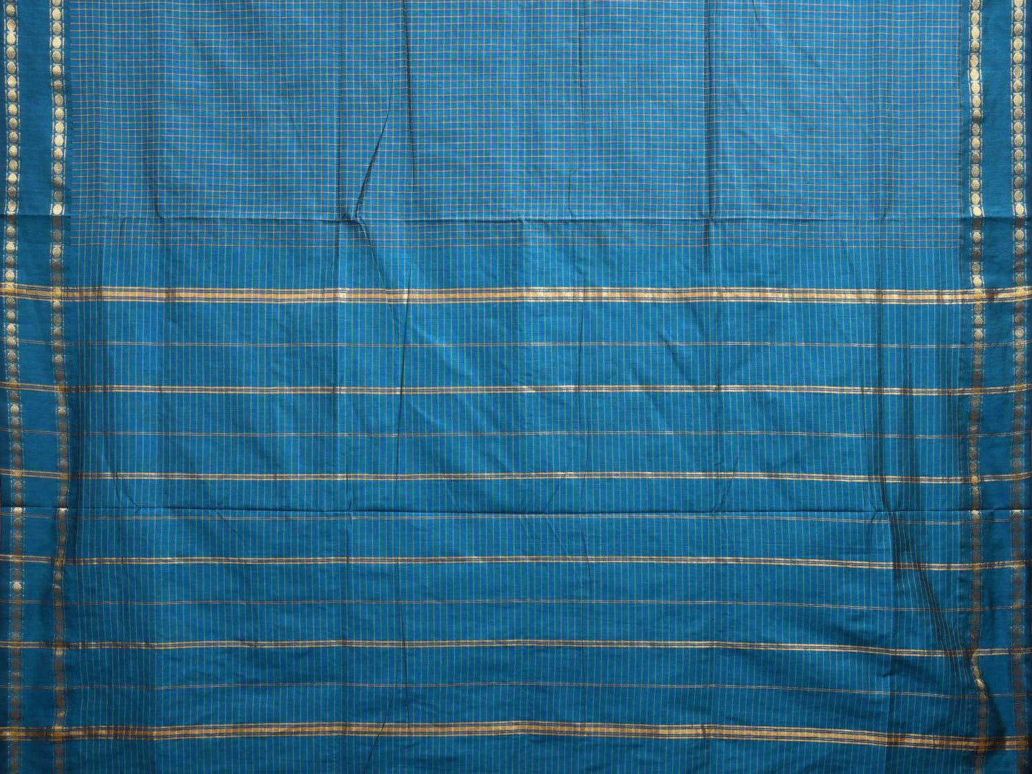 Teal Gadwal Cotton Saree with Checks and Rudraksha Border Design No Blouse g0408