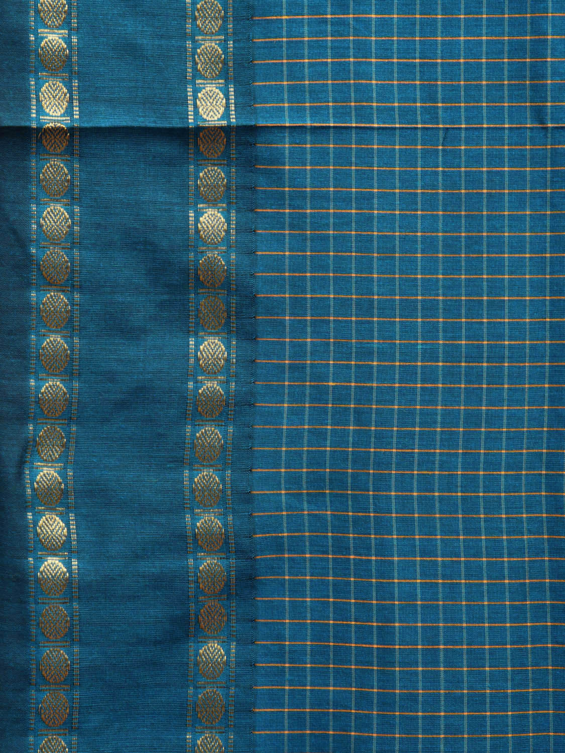 Teal Gadwal Cotton Saree with Checks and Rudraksha Border Design No Blouse g0408