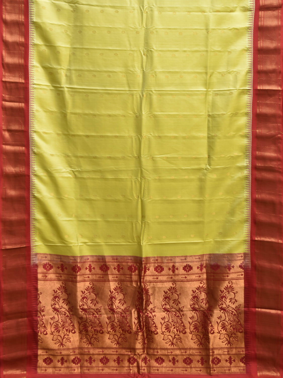 Yellow and Red Gadwal Silk Saree with Border and Peacocks Pallu Design g0488
