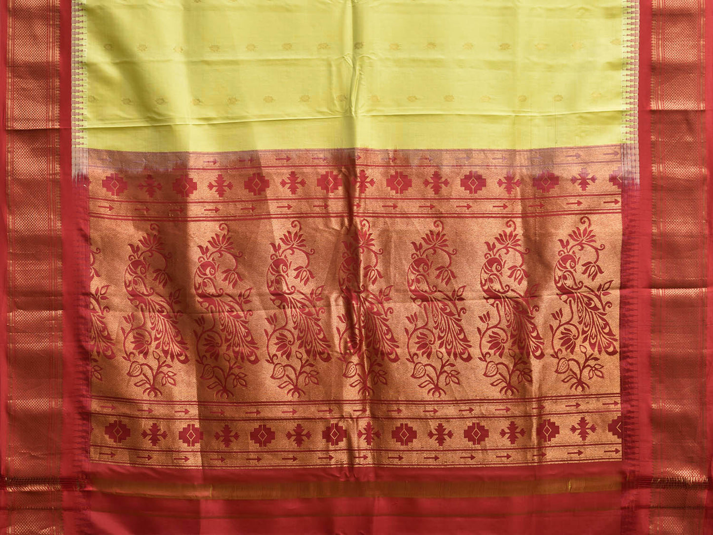 Yellow and Red Gadwal Silk Saree with Border and Peacocks Pallu Design g0488