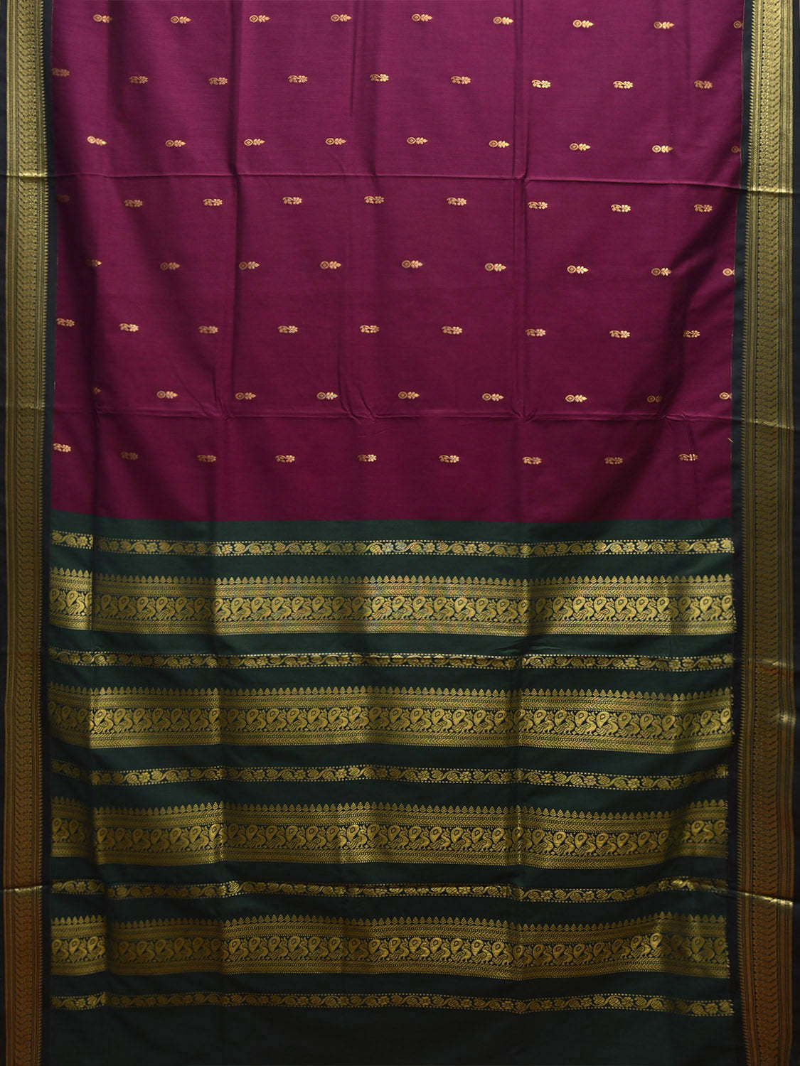 Wine and Green Gadwal Cotton Viscose Saree with Border and Pallu Design g0492