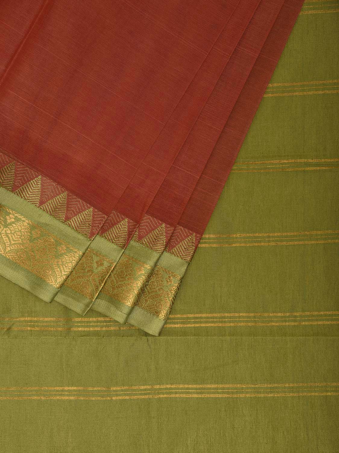 Rust and Green Gadwal Cotton Viscose Plain Saree with Contrast Pallu Design No Blouse g0517