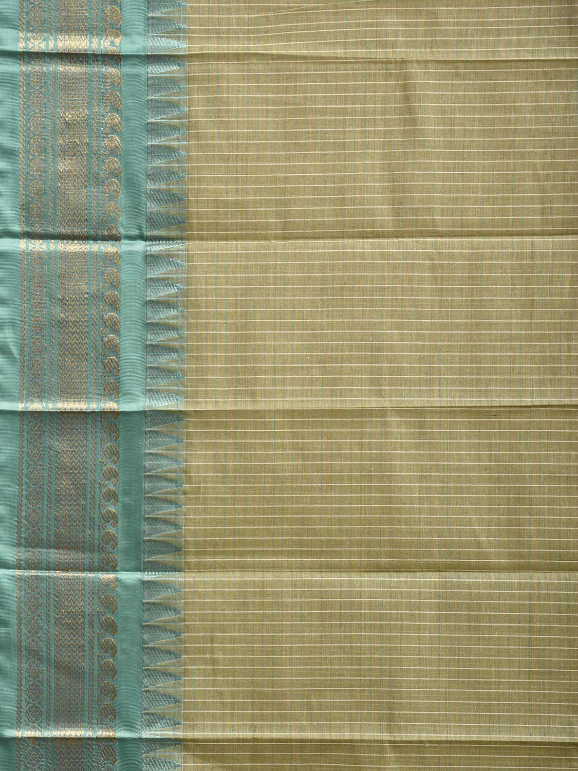 Light Green and Turquoise Gadwal Cotton Viscose Saree with Checks and Contrast Pallu Design No Blouse g0521