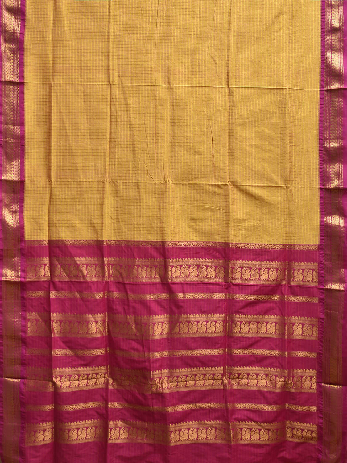 Yellow and Pink Gadwal Cotton Viscose Saree with Checks and Pallu Design g0524