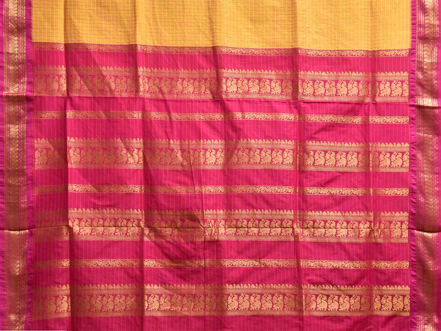 Yellow and Pink Gadwal Cotton Viscose Saree with Checks and Pallu Design g0524