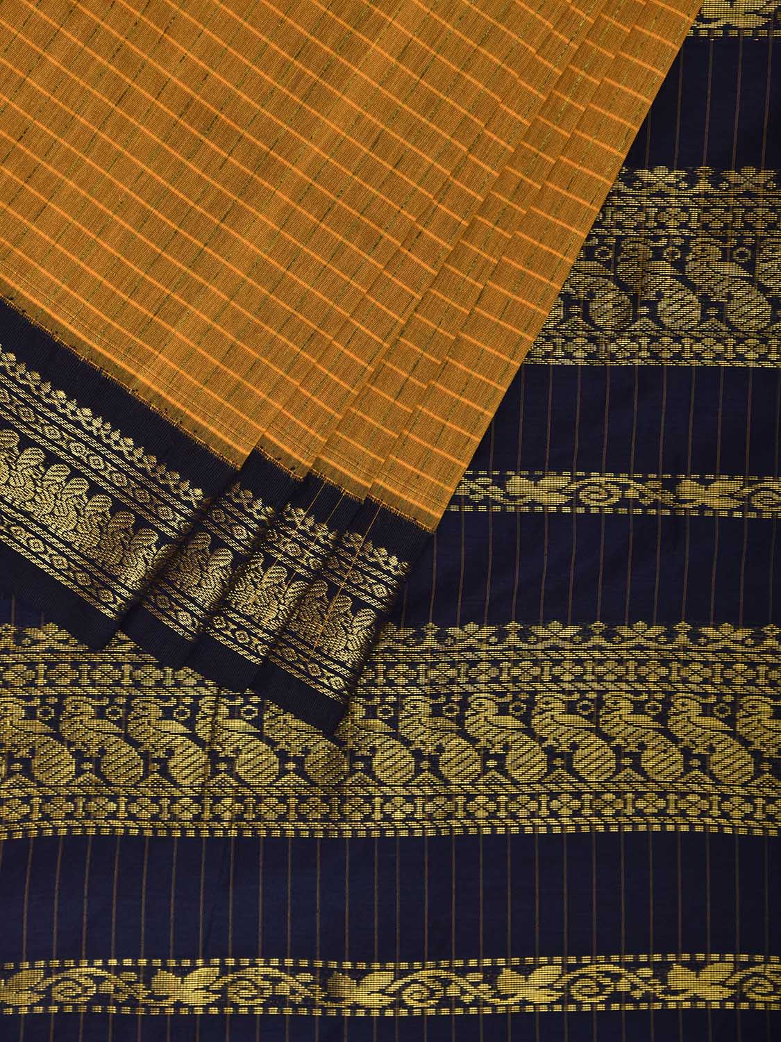 Yellow and Navy Gadwal Cotton Viscose Saree with Checks and Pallu Design g0528