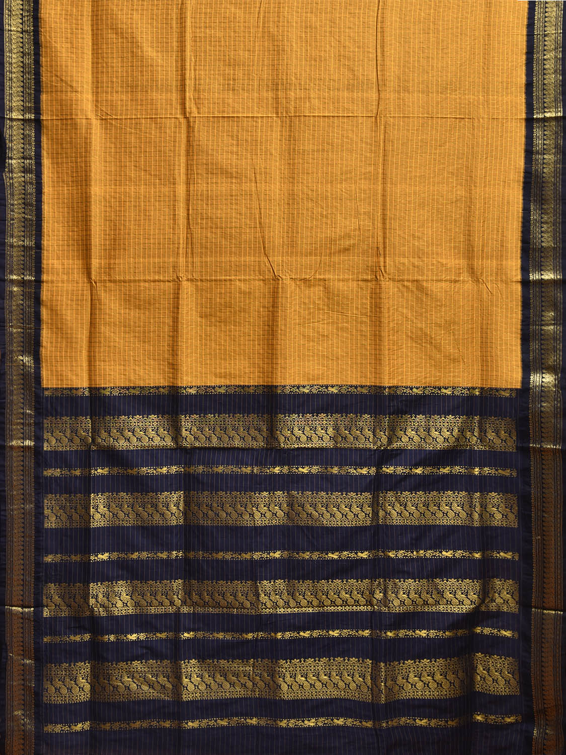 Yellow and Navy Gadwal Cotton Viscose Saree with Checks and Pallu Design g0528