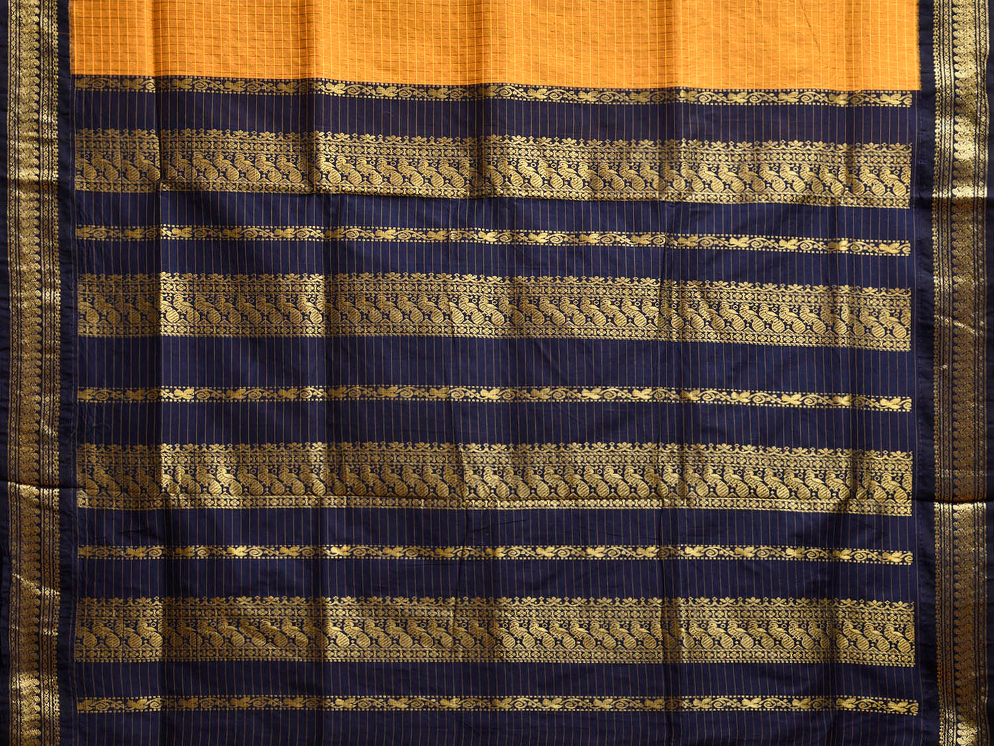 Yellow and Navy Gadwal Cotton Viscose Saree with Checks and Pallu Design g0528