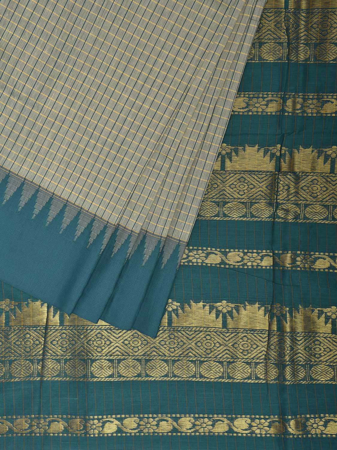 Sea Green and Teal Gadwal Cotton Viscose Saree with Checks and Pallu Design g0529
