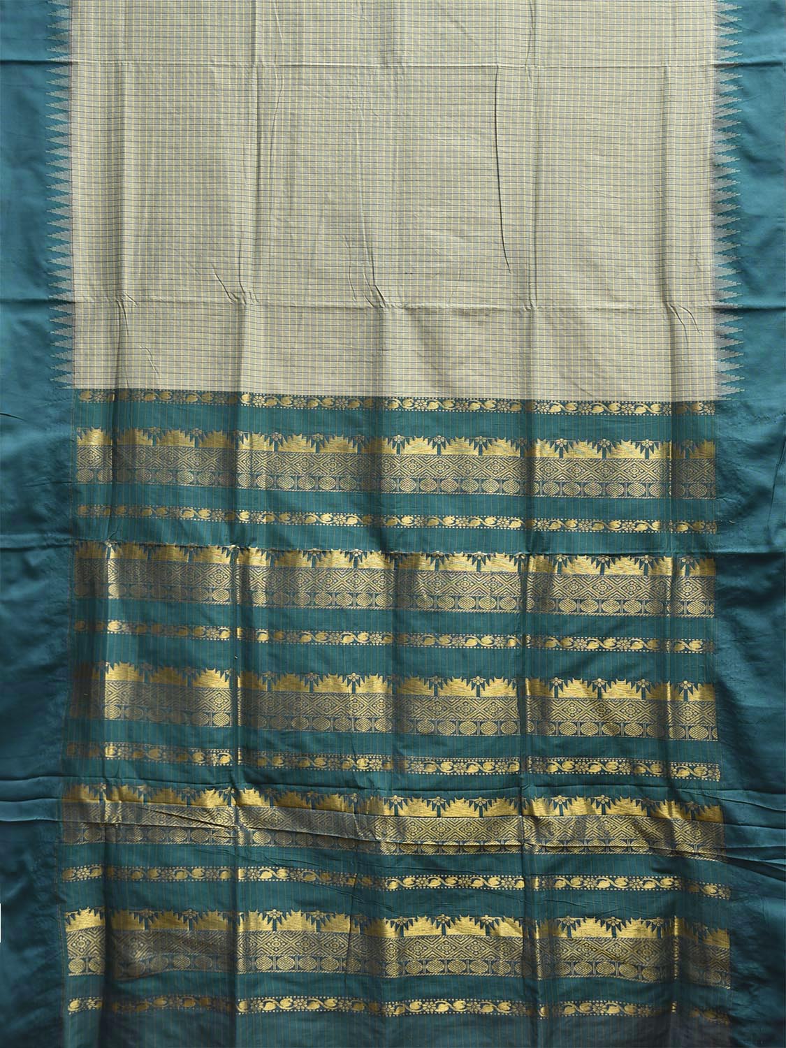Sea Green and Teal Gadwal Cotton Viscose Saree with Checks and Pallu Design g0529
