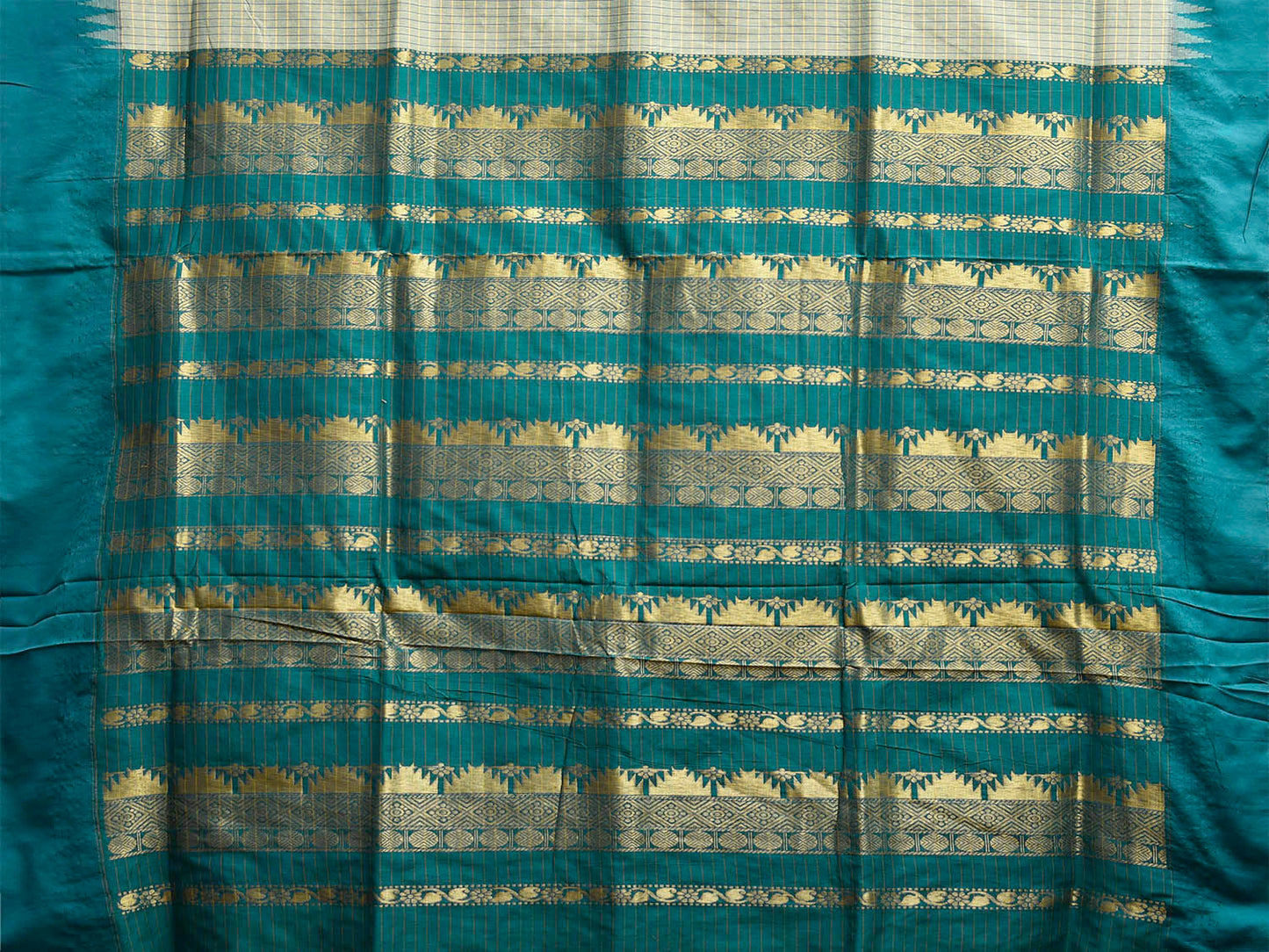 Sea Green and Teal Gadwal Cotton Viscose Saree with Checks and Pallu Design g0529