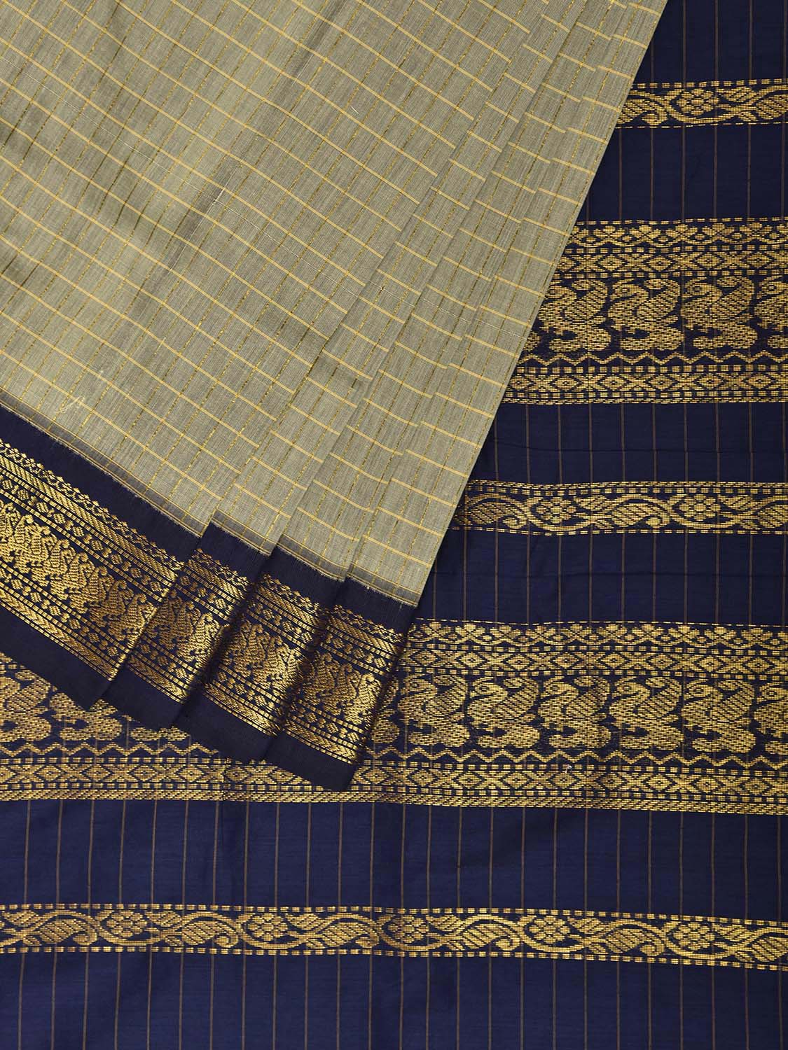 Sea Green and Navy Gadwal Cotton Viscose Saree with Checks and Pallu Design g0547
