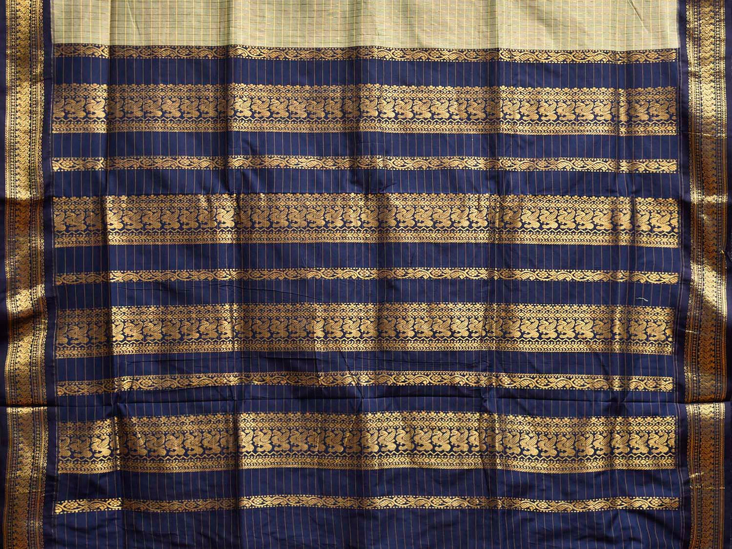 Sea Green and Navy Gadwal Cotton Viscose Saree with Checks and Pallu Design g0547