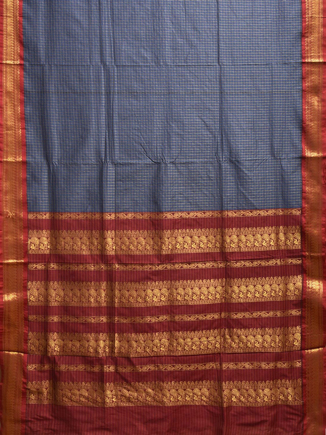 Teal and Dark Red Gadwal Cotton Viscose Saree with Checks and Pallu Design g0552