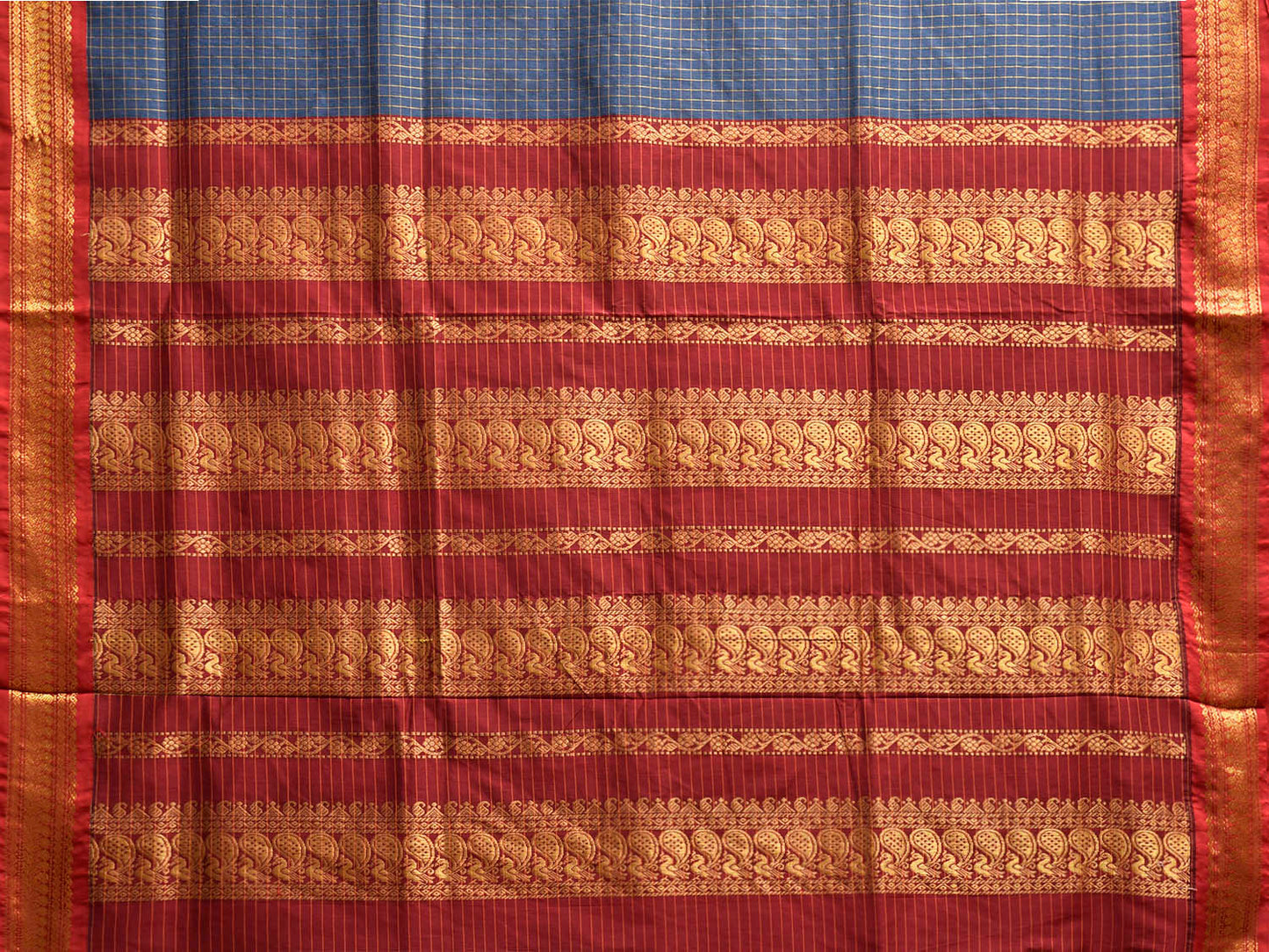 Teal and Dark Red Gadwal Cotton Viscose Saree with Checks and Pallu Design g0552