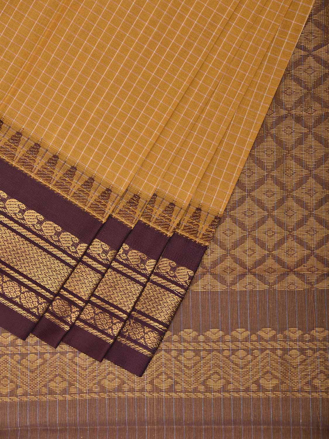Mustard and Brown Gadwal Cotton Viscose Saree with Checks and Pallu Design g0560