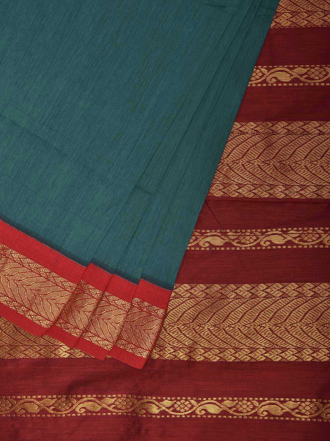 Teal and Red Gadwal Cotton Viscose Saree with Small Buta and Pallu Design g0563