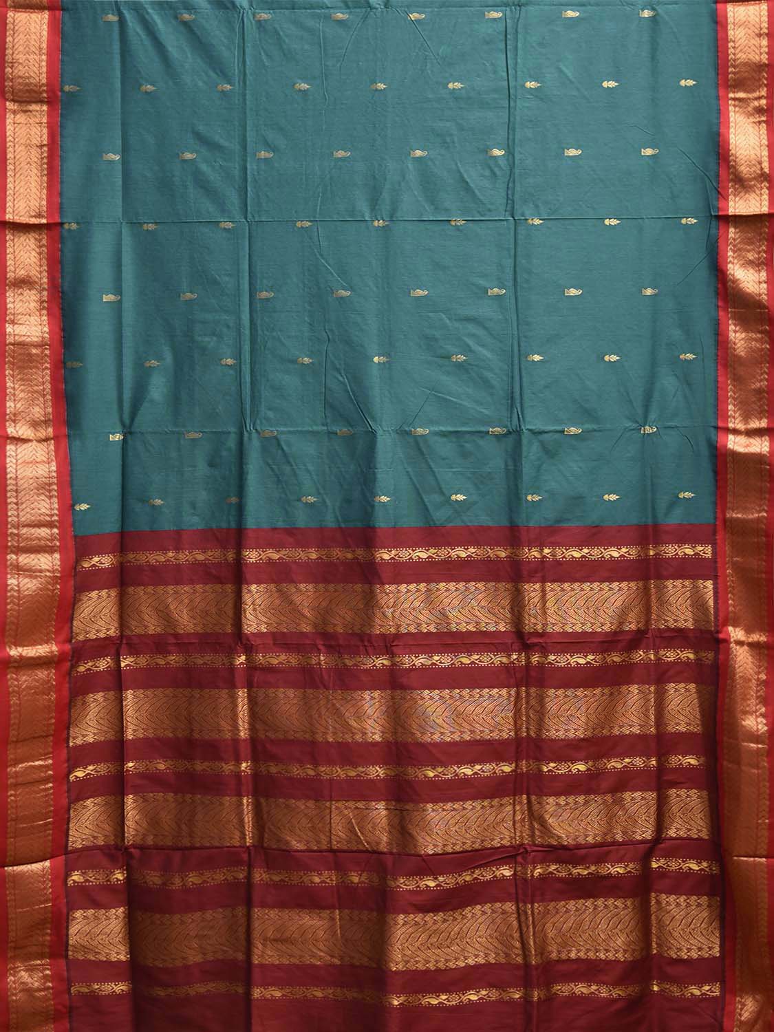 Teal and Red Gadwal Cotton Viscose Saree with Small Buta and Pallu Design g0563