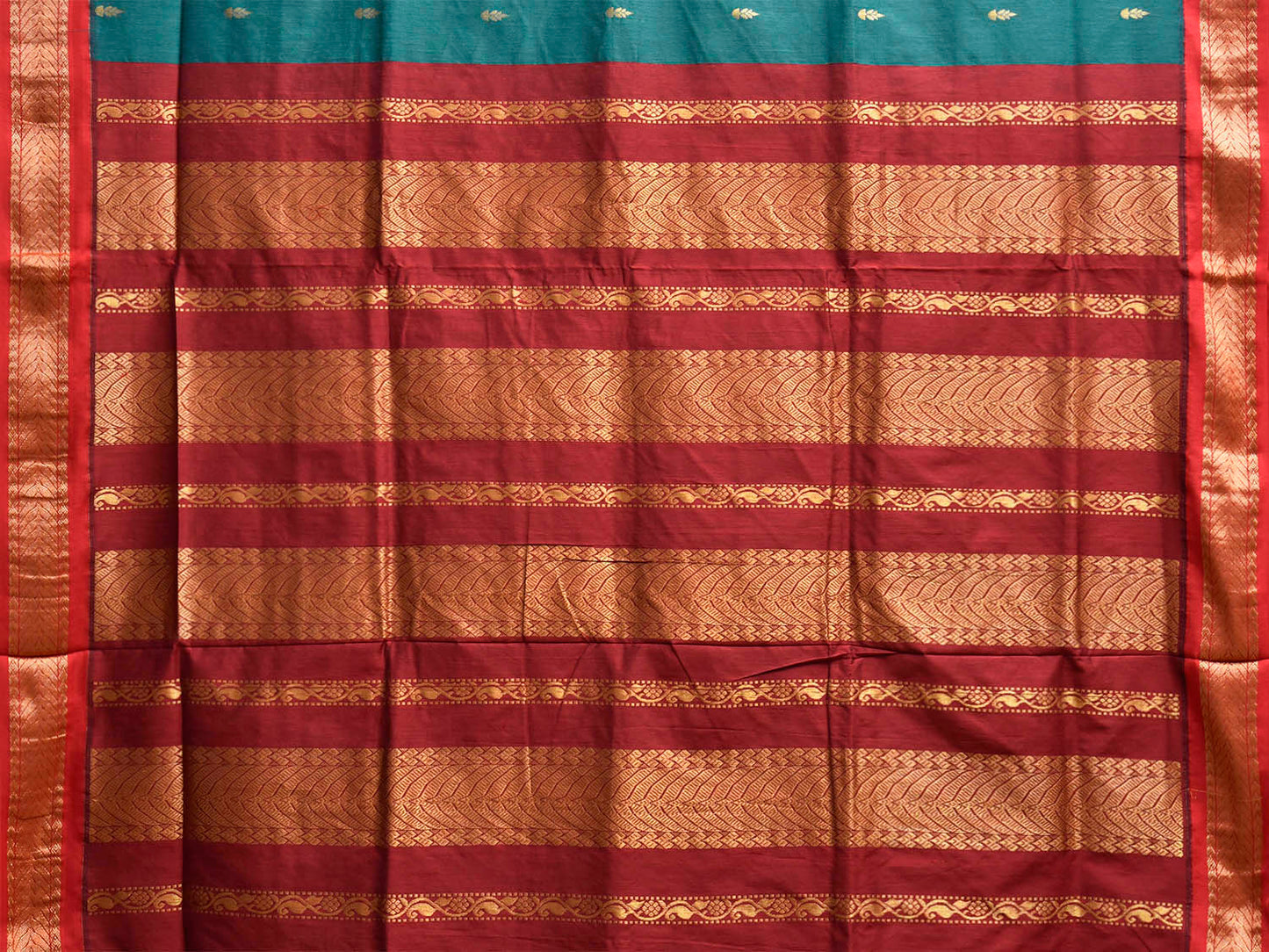 Teal and Red Gadwal Cotton Viscose Saree with Small Buta and Pallu Design g0563