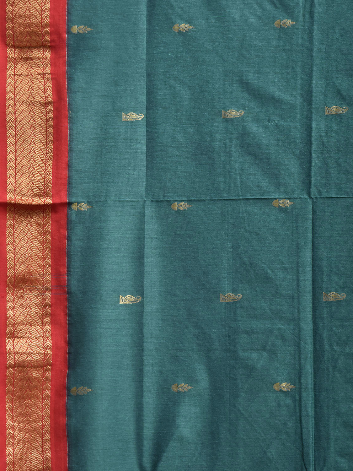 Teal and Red Gadwal Cotton Viscose Saree with Small Buta and Pallu Design g0563