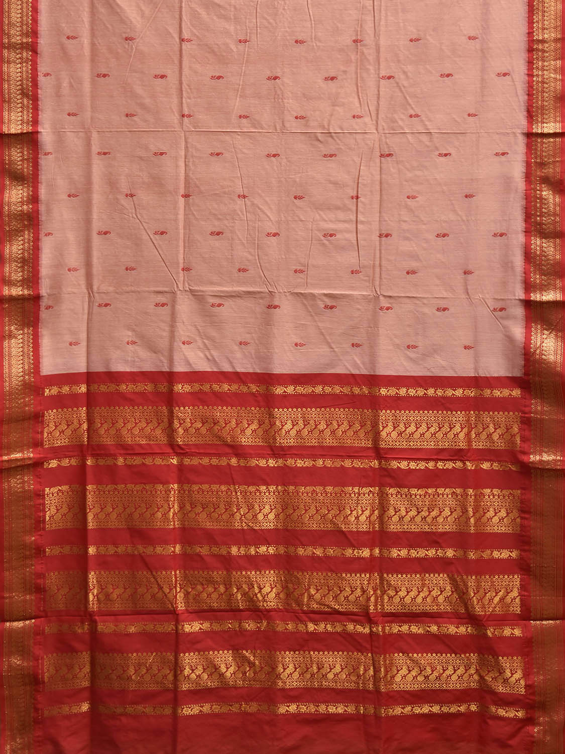 Light Peach and Red Gadwal Cotton Viscose Saree with Small Buta and Pallu Design g0568
