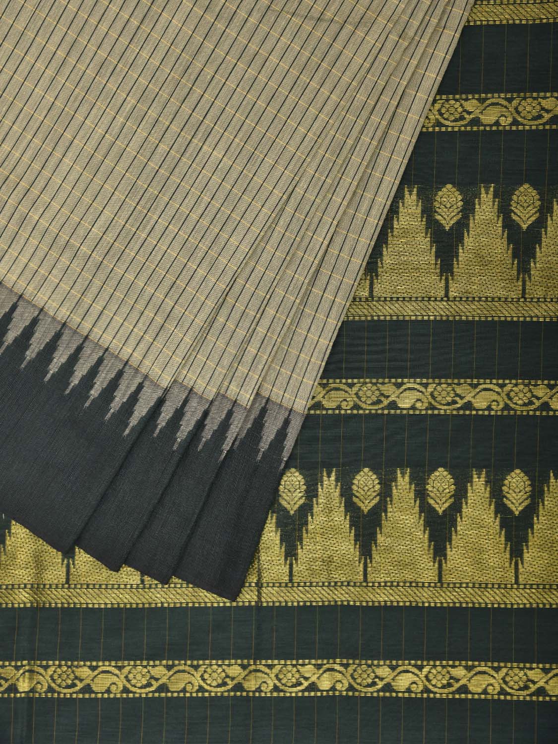 Sea Green and Green Gadwal Cotton Viscose Saree with Checks and Temple Border Design g0587