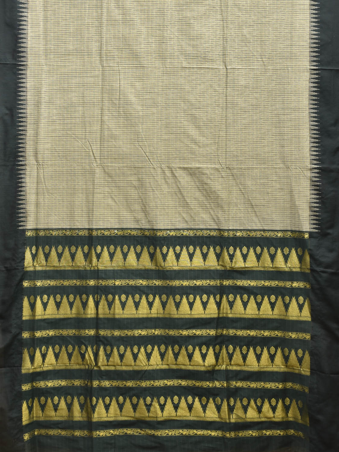 Sea Green and Green Gadwal Cotton Viscose Saree with Checks and Temple Border Design g0587