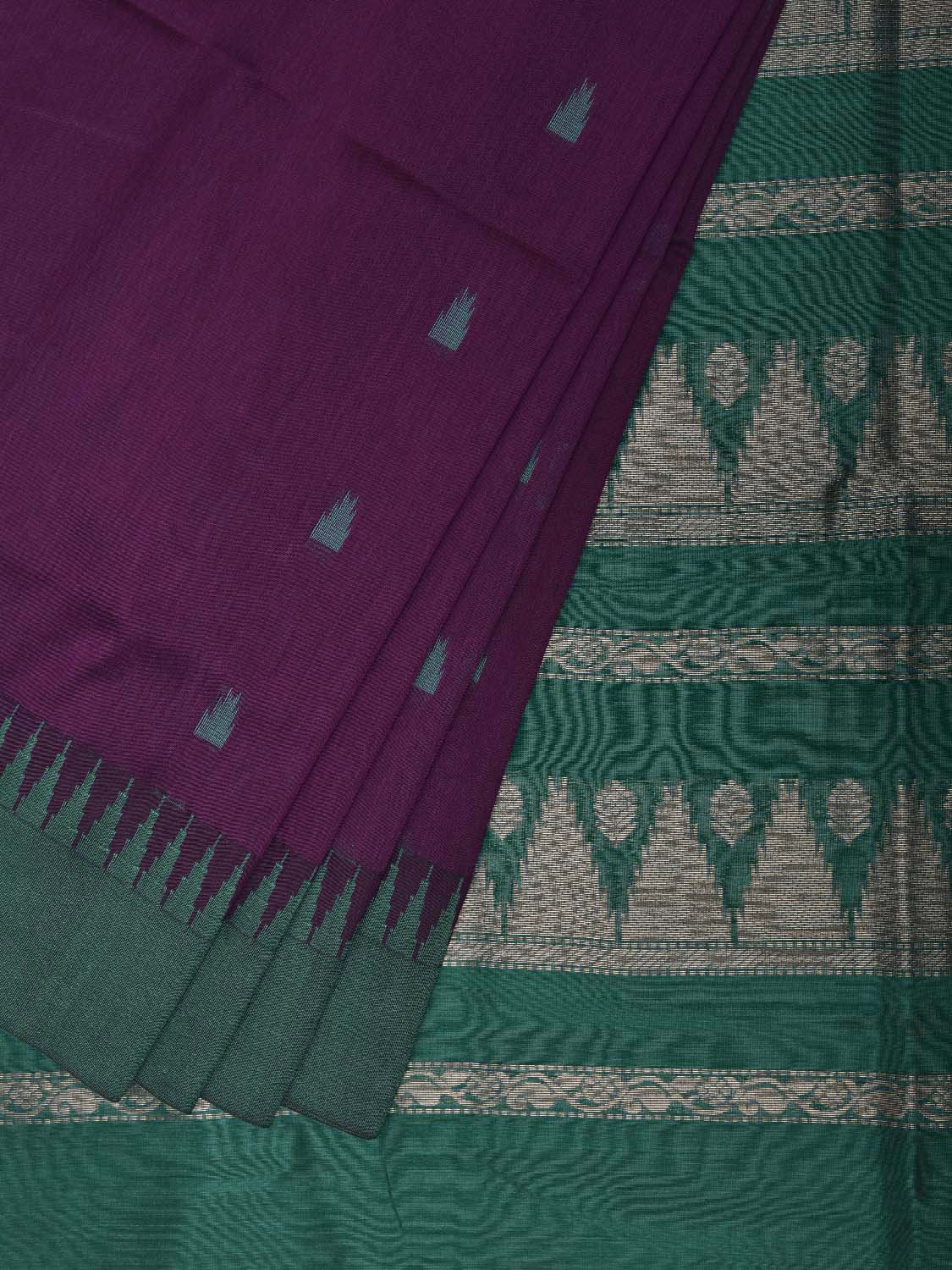 Purple and Green Gadwal Cotton Viscose Saree with Temple Border Design g0589