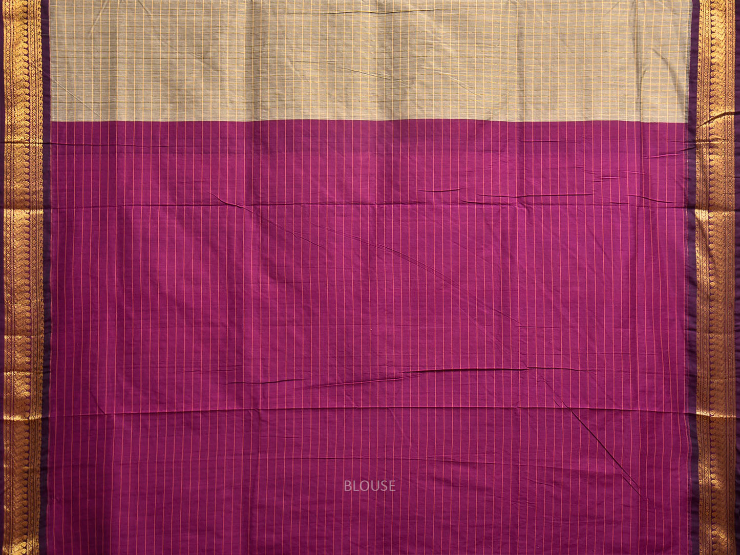 Cream and Purple Gadwal Cotton Viscose Saree with Checks and Pallu Design g0594