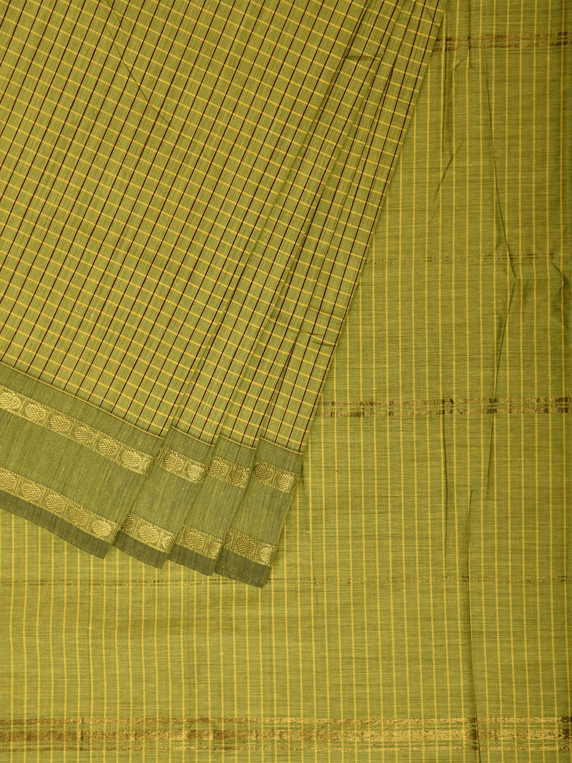 Light Green Gadwal Cotton Viscose Saree with Checks and Doby Border Design g0596