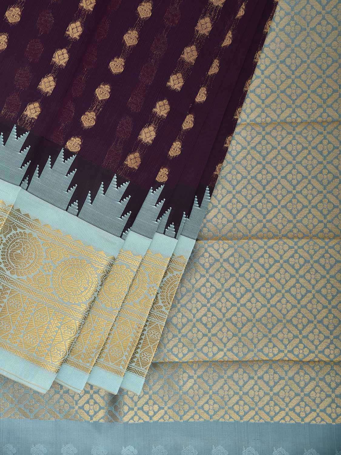 Purple and Light Blue Gadwal Cotton Viscose Saree with Temple Border and Pallu Design g0606
