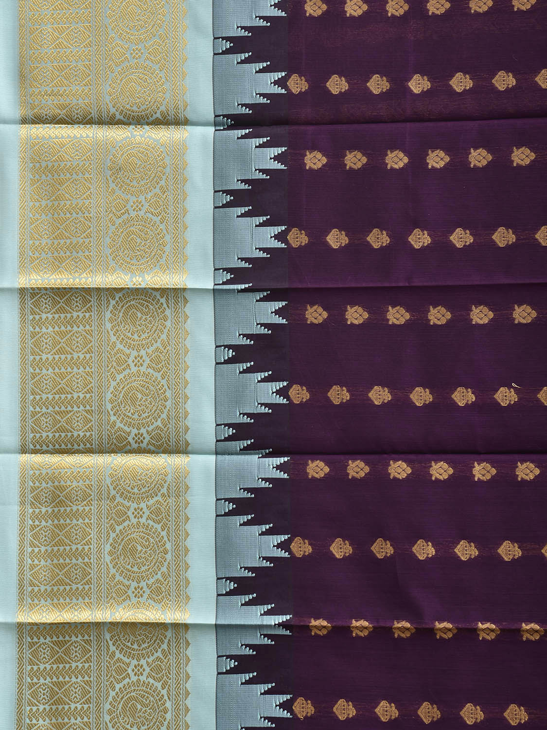 Purple and Light Blue Gadwal Cotton Viscose Saree with Temple Border and Pallu Design g0606