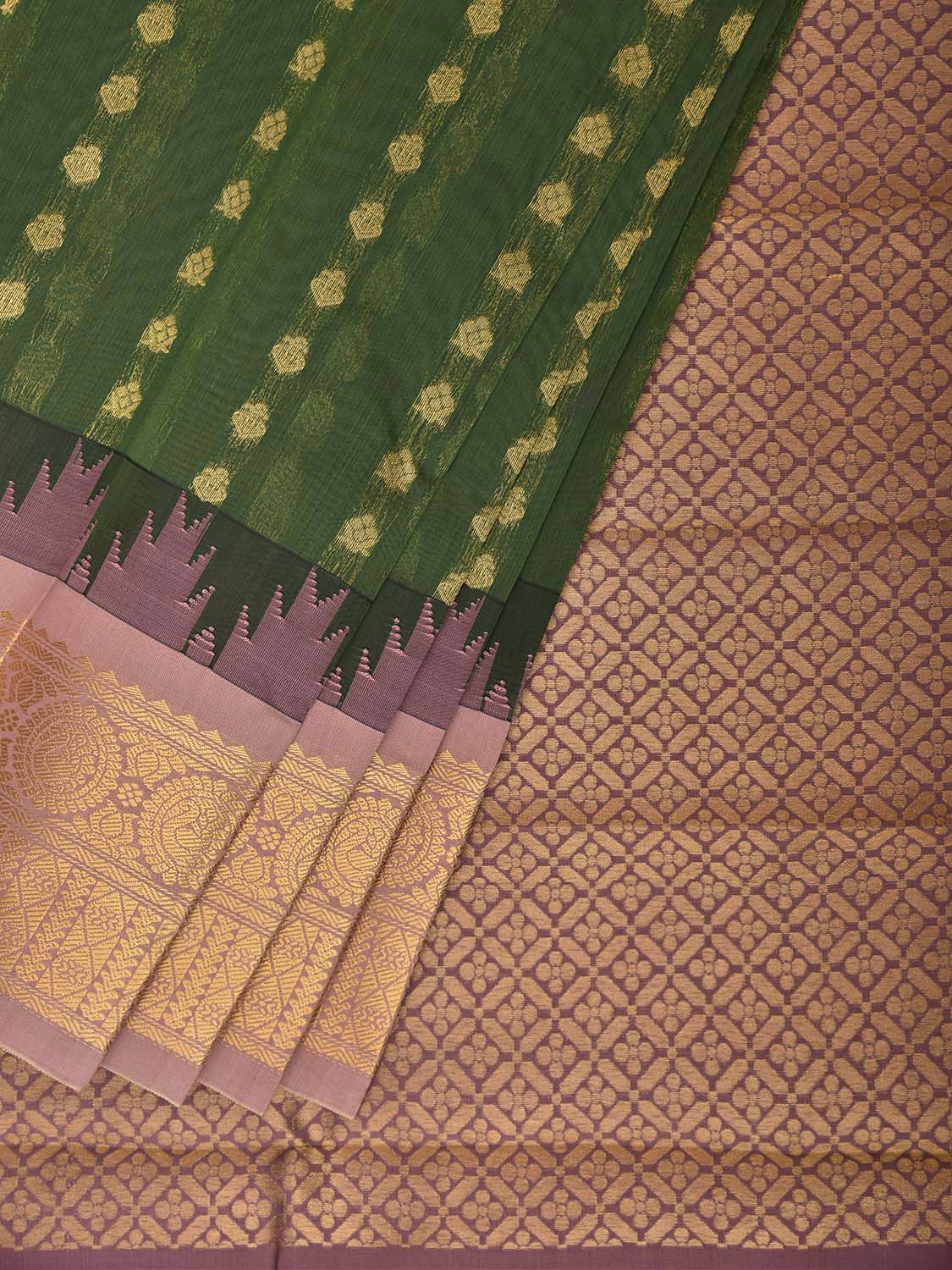 Green and Light Pink Gadwal Cotton Viscose Saree with Temple Border and Pallu Design g0611