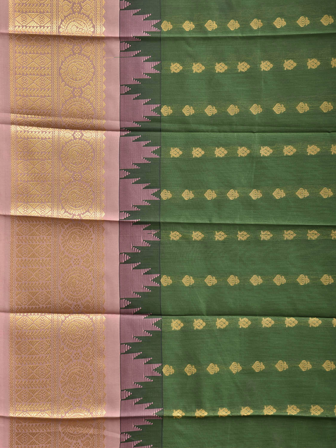 Green and Light Pink Gadwal Cotton Viscose Saree with Temple Border and Pallu Design g0611