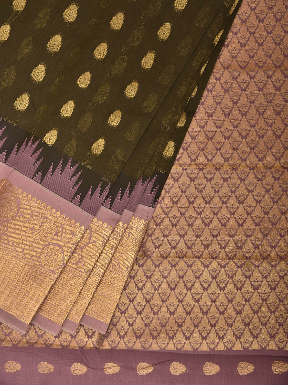 Olive and Light Pink Gadwal Cotton Viscose Saree with Temple Border and Pallu Design g0913